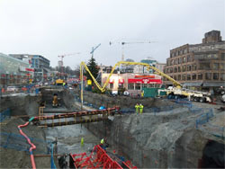 Line pump set up for a tight-access residential foundation pour